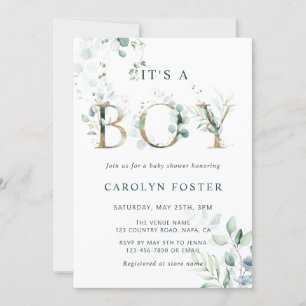 QR Code Eucalyptus Guld Brev Boy Shower     Inbjudningar