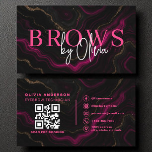 QR Code Eyebrows Brows Artist Rosa Black Marble Visitkort