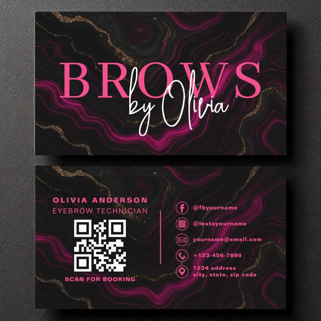 QR Code Eyebrows Brows Artist Rosa Black Marble Visitkort (Skapare uppladdad)