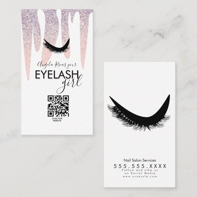 QR CODE Eyelash Girly Rosa Glitter-avlyssning Visitkort (Fram/baksida)