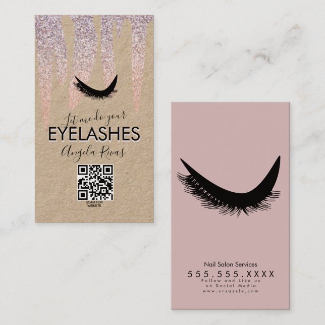 QR CODE Eyelash Rosa Glitter Dripping Rustic B Visitkort (Fram/baksida)
