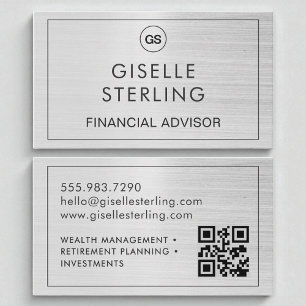 QR Code Financial Advisor Brushed Silver Monogram Visitkort