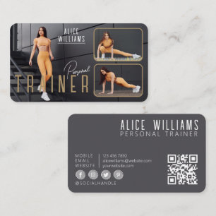 QR Code Fitness Guld & Grått Personal Trainer Phot Visitkort