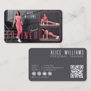 QR Code Fitness Rosa & Grått Personal Trainer Phot Visitkort