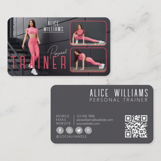 QR Code Fitness Rosa & Grått Personal Trainer Phot Visitkort (Fram/baksida)