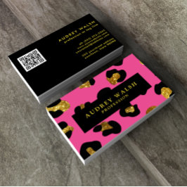 QR CODE Glam Glitter Guld Fuchsia Leopard-avtryck Visitkort
