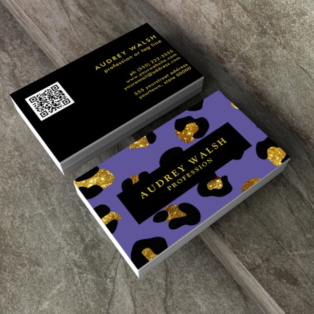 QR CODE Glam Glitter Lila Leopard print Luxury Visitkort (Skapare uppladdad)