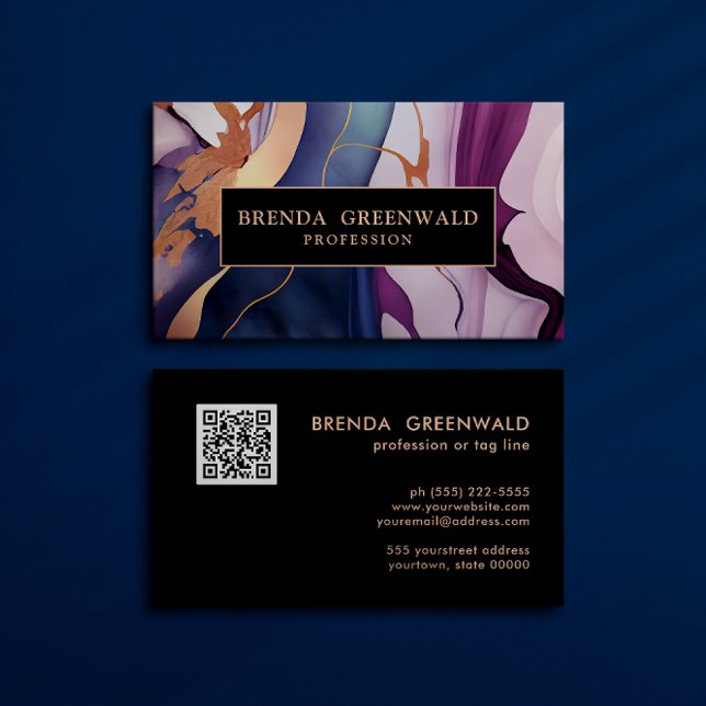 QR CODE Glam Liquid Marble Blue Lila Guld Visitkort (Skapare uppladdad)