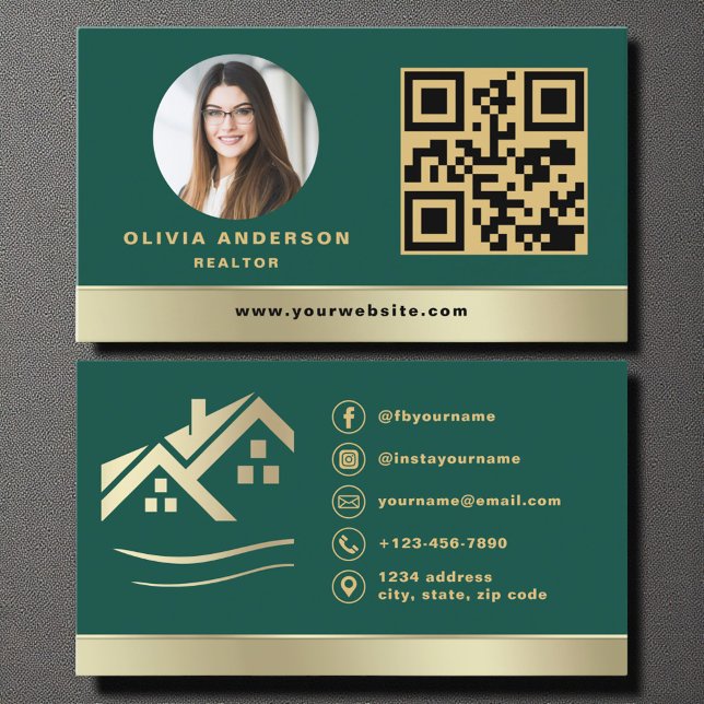 QR Code Gold House Green Real Estate Realtor Visitkort (Skapare uppladdad)
