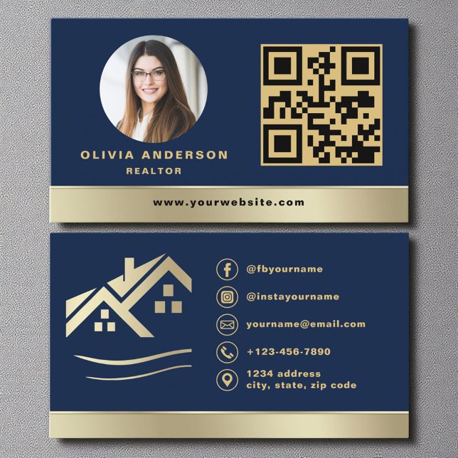 QR Code Gold House Navy Blue Real Estate Realtor Visitkort (Skapare uppladdad)