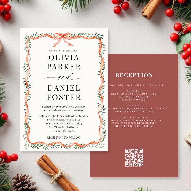 QR Code Greenery Red Ribbon & Bow Wedding Inbjudningar (Skapare uppladdad)