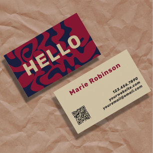 QR Code Groovy Burgundy Beige Navy Blue Squiggles Visitkort