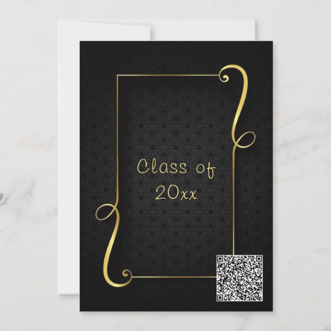 QR Code Guld Ornaments Black Grad Party-inbjudan (Baksida)