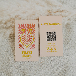QR Code Gult Groovy Blommigt Terracotta Boho Visitkort