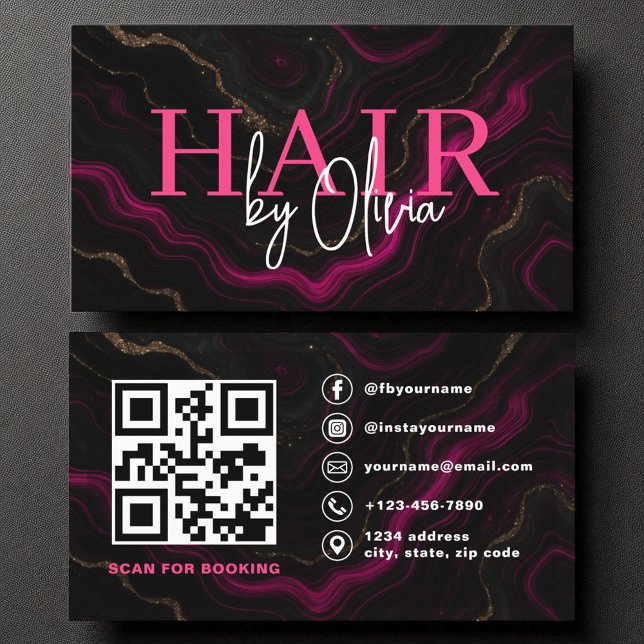 QR Code Hair Stylist Agate Shock rosa Black Visitkort (Skapare uppladdad)