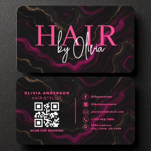 QR Code Hair Stylist Black Shock rosa Agate Marble Visitkort