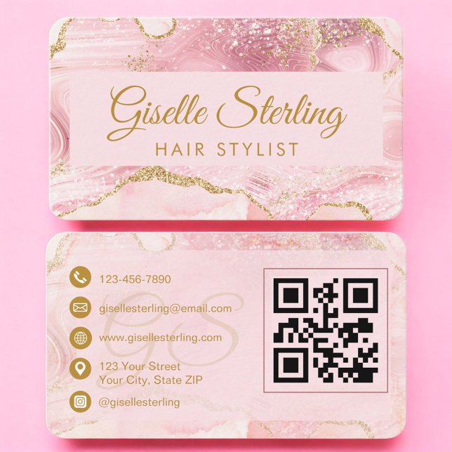 QR Code Hair Stylist Blush Pink Gold Agate  Visitkort (Skapare uppladdad)