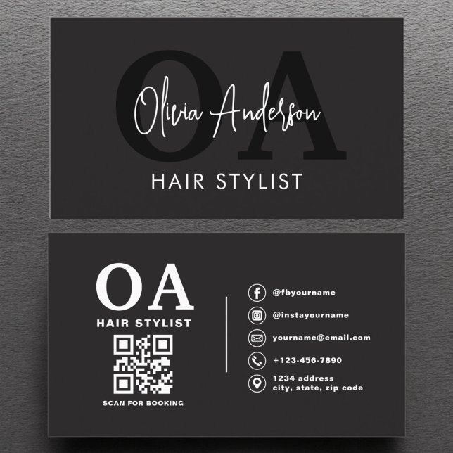 QR Code Hair Stylist Monogram Modern Typografi Visitkort (Skapare uppladdad)