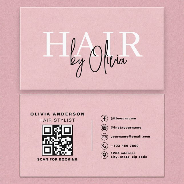 QR Code Hair Stylist Pink Suede Typography  Visitkort (Skapare uppladdad)