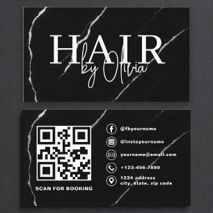 QR Code Hair Stylist Silver Black Marble Visitkort