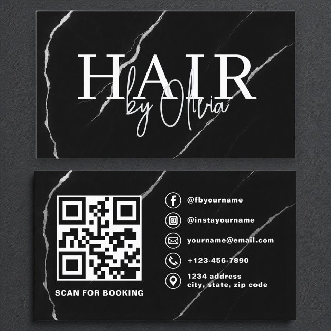 QR Code Hair Stylist Silver Black Marble Visitkort (Skapare uppladdad)