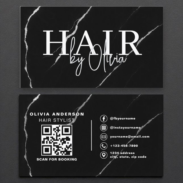 QR Code Hair Stylist Silver Black Marble Visitkort (Skapare uppladdad)