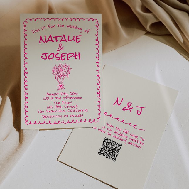 QR Code Hand Drawn Vivid Pink Retro Funky Wedding Inbjudningar (Skapare uppladdad)