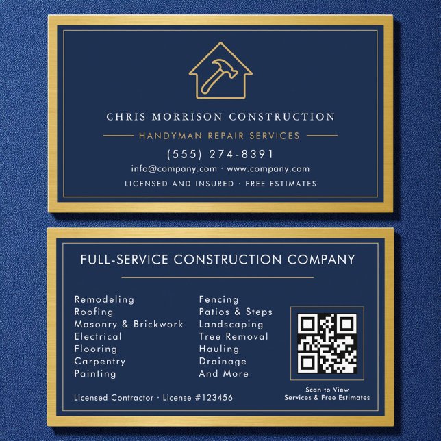 QR Code Handyman Navy Blue Gold Metal Visitkort (Skapare uppladdad)
