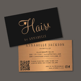 QR CODE hårsalon svart metallhårstylist guld Visitkort
