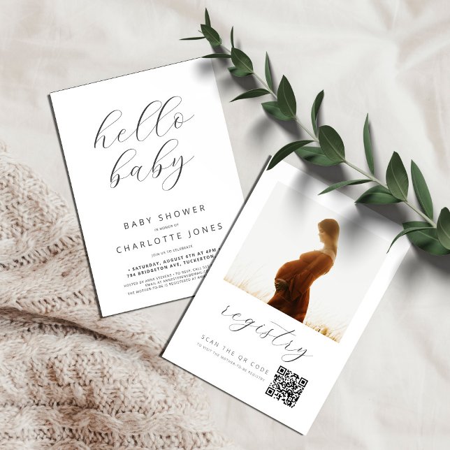 QR Code Hej Baby Modern Photo Baby Shower Inbjudningar (Skapare uppladdad)