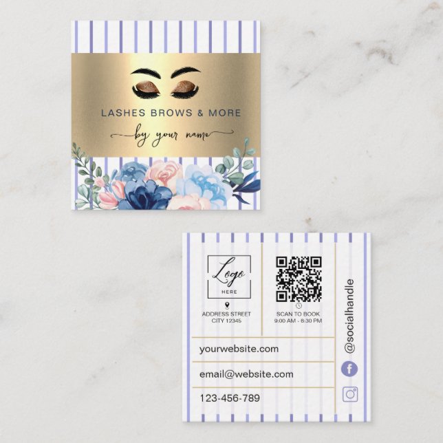 Qr Code Lash Tech blommiga ränder Fyrkantigt Visitkort (Fram/baksida)