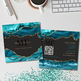QR Code Lashes Teal Turquoise Gold Agate Monogram Fyrkantigt Visitkort