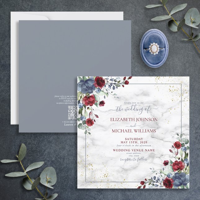QR Code Light Dusty Blue Burgundy Guld Blommigt Inbjudningar (Skapare uppladdad)