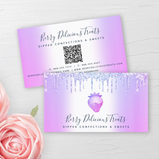 QR Code Lila Glitter Strawberry Conftion Chef Visitkort (Skapare uppladdad)