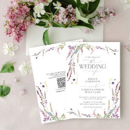 QR Code Lila Wildblomcalligraphy Bröllop Inbjudningar