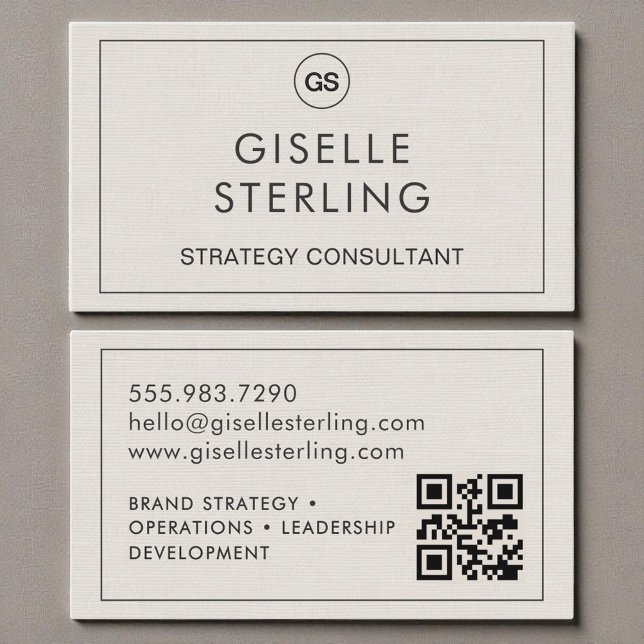 QR Code Linen Monogram Modern Visitkort (Skapare uppladdad)