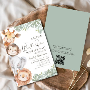 QR Code Little Vild One Safari Animals Baby Shower Inbjudningar