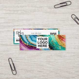 QR Code & Logo Elegant Rainbow Agate gold Glitter  Mini Visitkort