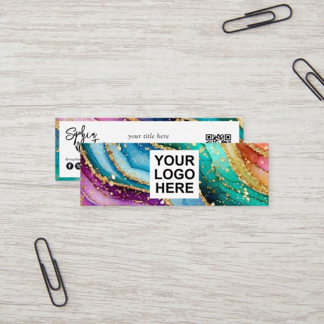 QR Code & Logo Elegant Rainbow Agate gold Glitter  Mini Visitkort (Fram/Back In Situ)