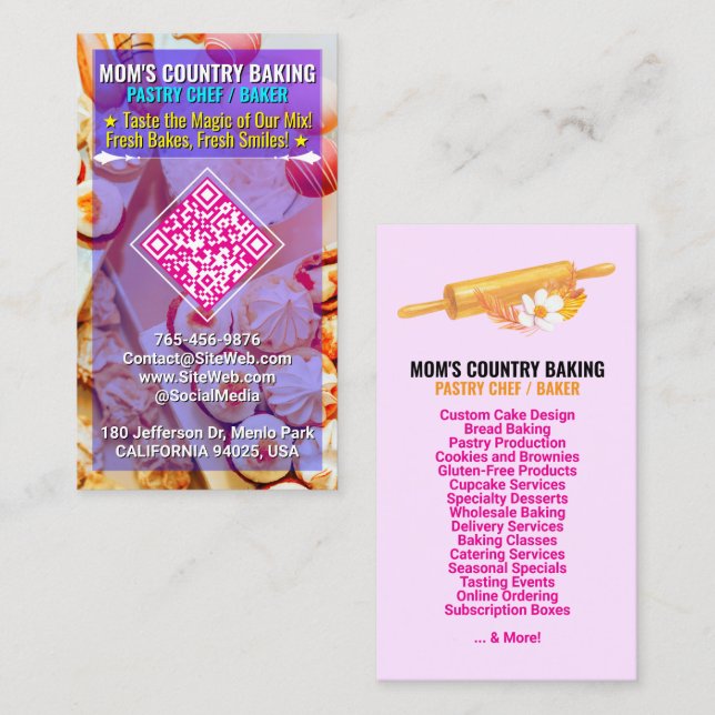 QR Code, Logo & Slogan (Handmade Chef) Cake Bakery Visitkort (Fram/baksida)