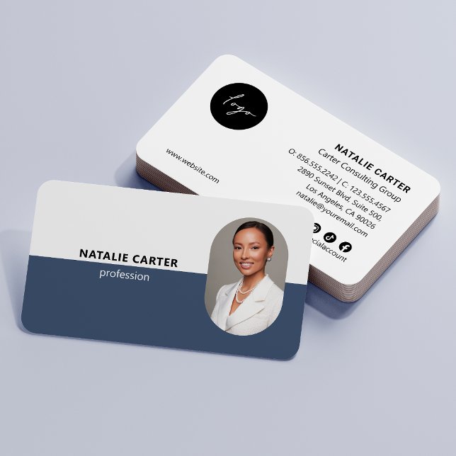 QR CODE Logotyp OVAL Photo Professionell DUSTY BLU Visitkort (Skapare uppladdad)