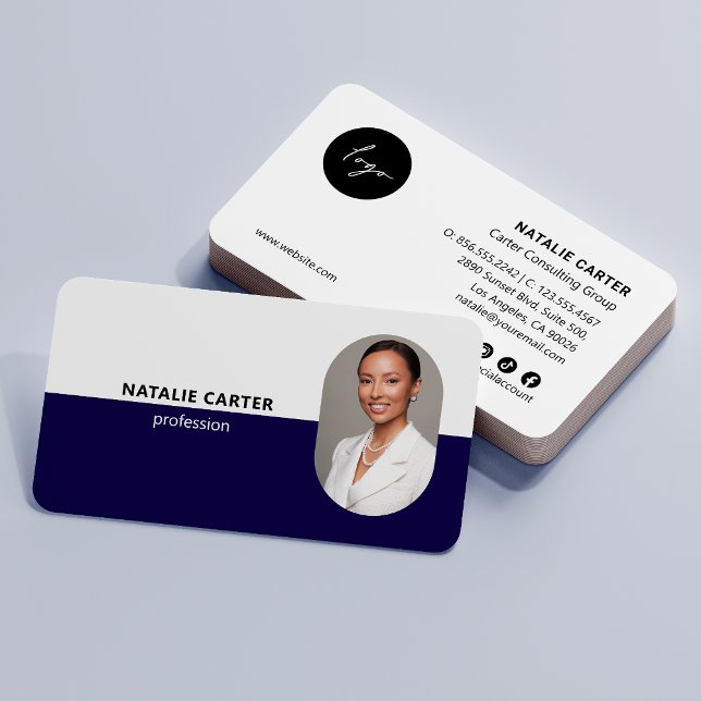 QR CODE Logotyp OVAL Photo Professionell NAVY BLUE Visitkort (Skapare uppladdad)