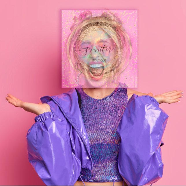 QR Code Logotyp Rosa Glitter Guld Drivrutiner Holo Fyrkantigt Visitkort (QR Code Logo Pink Glitter Gold Drips Holographic Square Business Card)