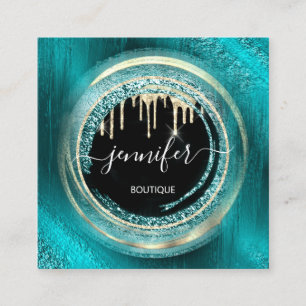 QR Code Logotyp Shop Black Guld Drips Oceanic Teal Fyrkantigt Visitkort