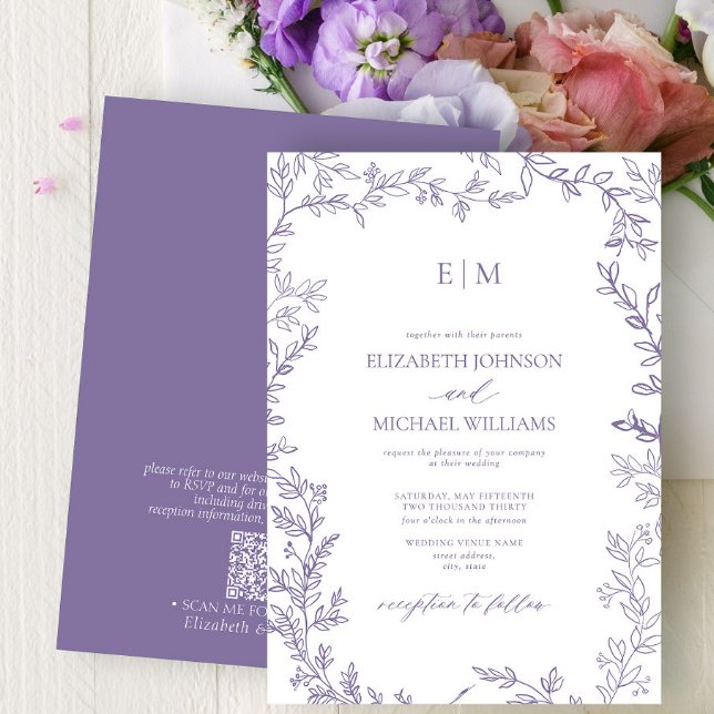 QR Code Löv Lavender Elegant Monogram Bröllop Inbjudningar (Skapare uppladdad)