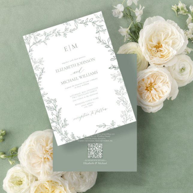 QR Code Löv Sage Grönt Elegant Monogram Bröllop Inbjudningar (Easily personalize this bestselling sage green invitation for the perfect wedding!)