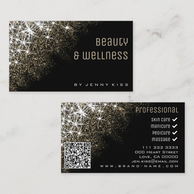 QR Code Luminous Guld Glitter Stars Hälsa Visitkort (Fram/baksida)