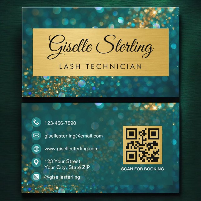 QR Code Luxury Lash Technician Gold Teal Glitter  Visitkort (Skapare uppladdad)
