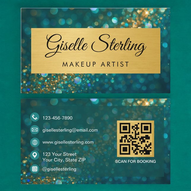 QR Code Luxury Makeup Artist Gold Teal Glitter  Visitkort (Skapare uppladdad)