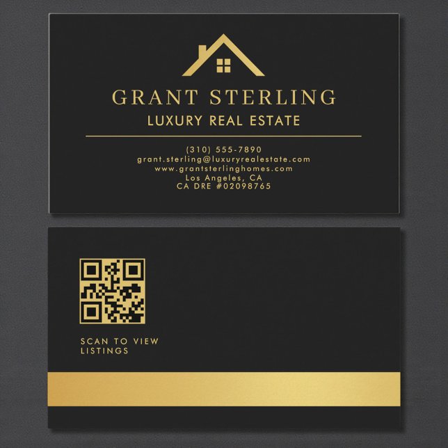 QR Code Luxury Real Estate Agent Black Gold Visitkort (Skapare uppladdad)
